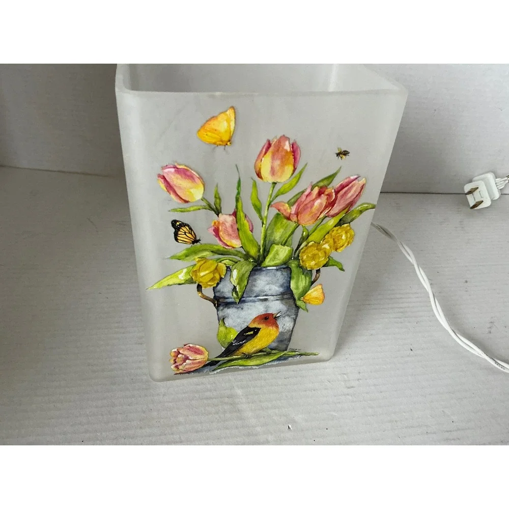 Stony Creek Glass Accent Light Barb Tourtillotte Tulips Bird Frosted Vase Lamp